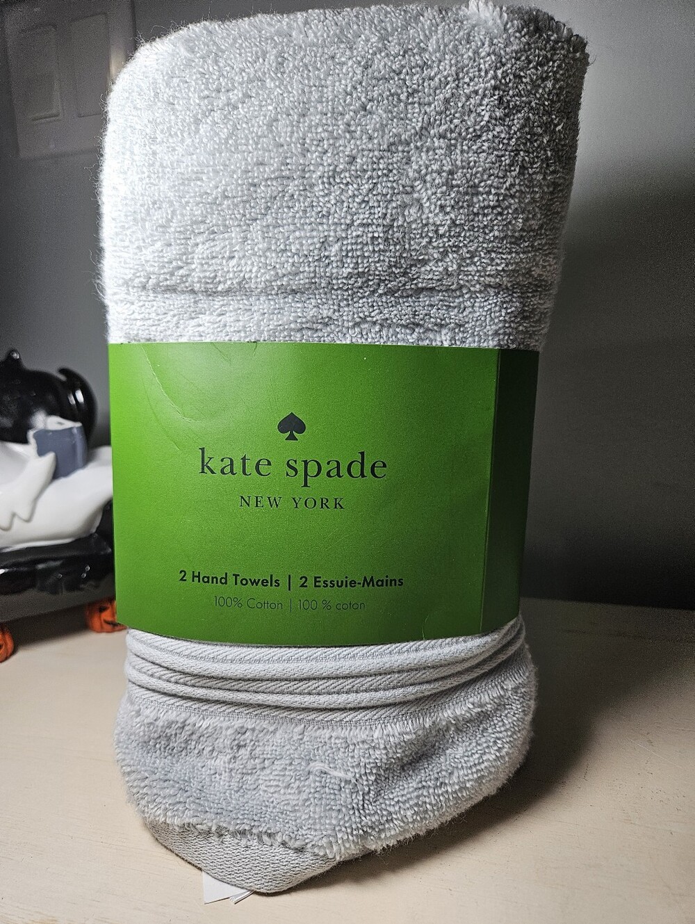 NWT Kate Spade New York 2-Pack Hand Towels Light Gray 100% Cotton
